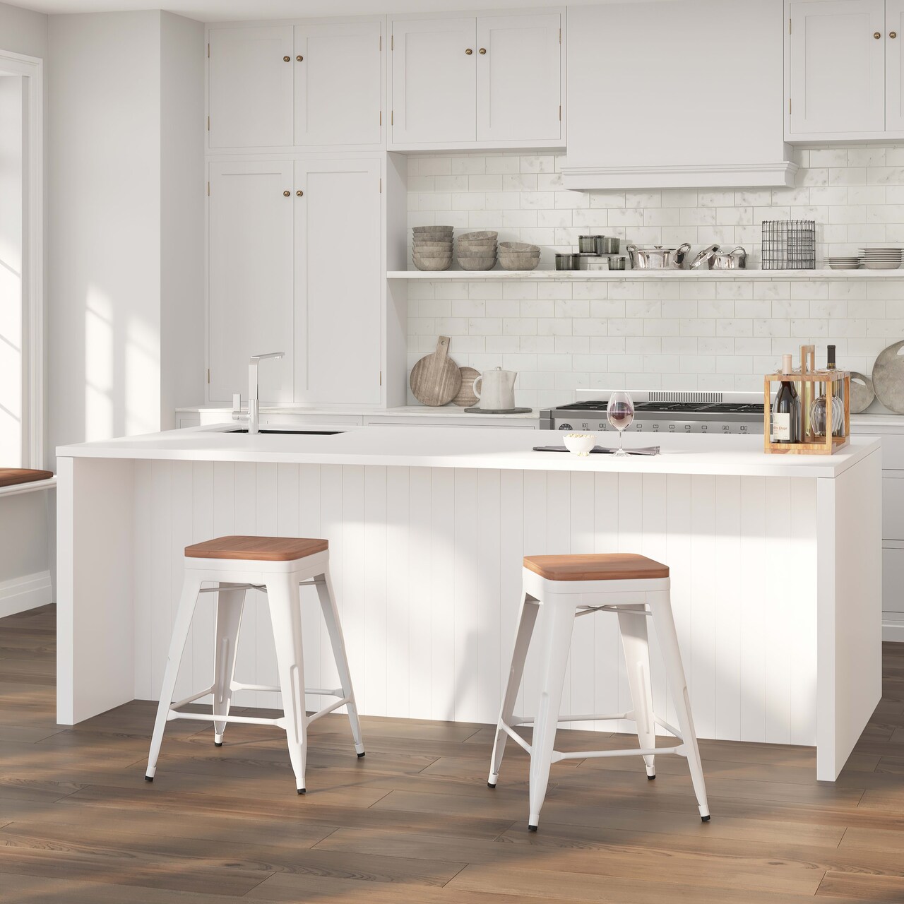 Merrick Lane Dalton Series Backless Metal Dining Stool with Wooden Seat for Indoor Use